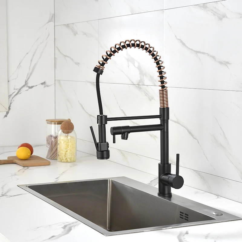 

Kitchen Single Hole Sink Faucet Spring Pull-down Multifunctional Faucet Basin Deck Installation Faucet Matte Black