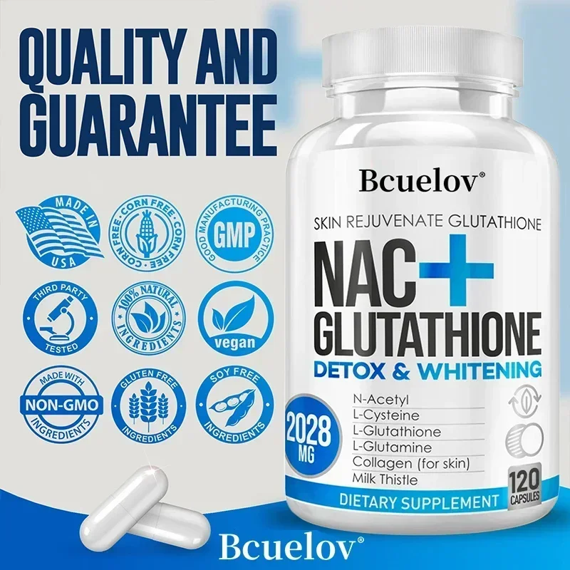 NAC + Glutathione Supplement, Supports Skin Health - Liver, Detox, Brightening, Antioxidant Supplement, Non-GMO, 120 Capsules