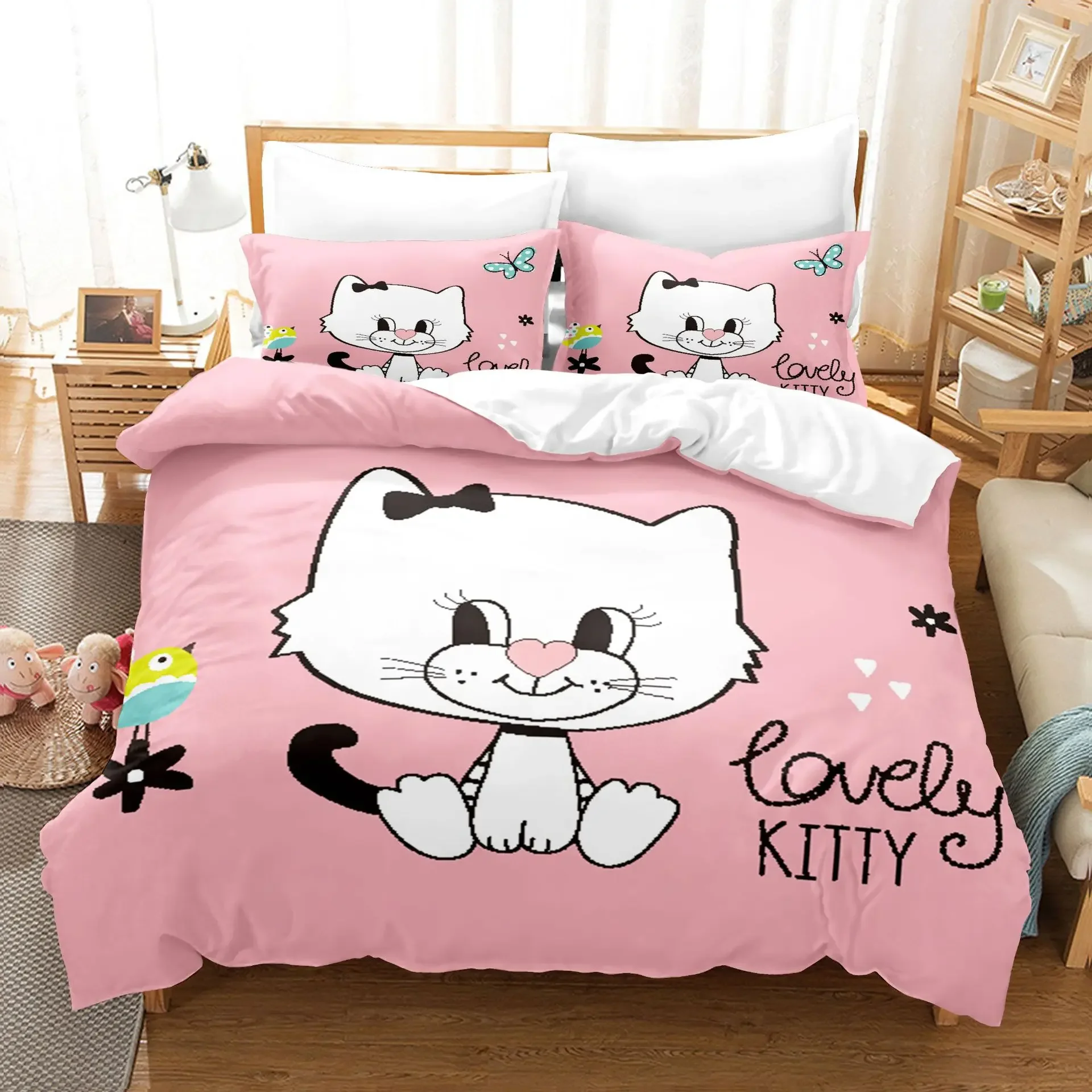 

Soft Microfiber Duvet Cover And Pillowcases Cartoon Pink Lovers Cat Bedding Set For Kid Print Rabbit,Unicorn Comforter Sets Twin