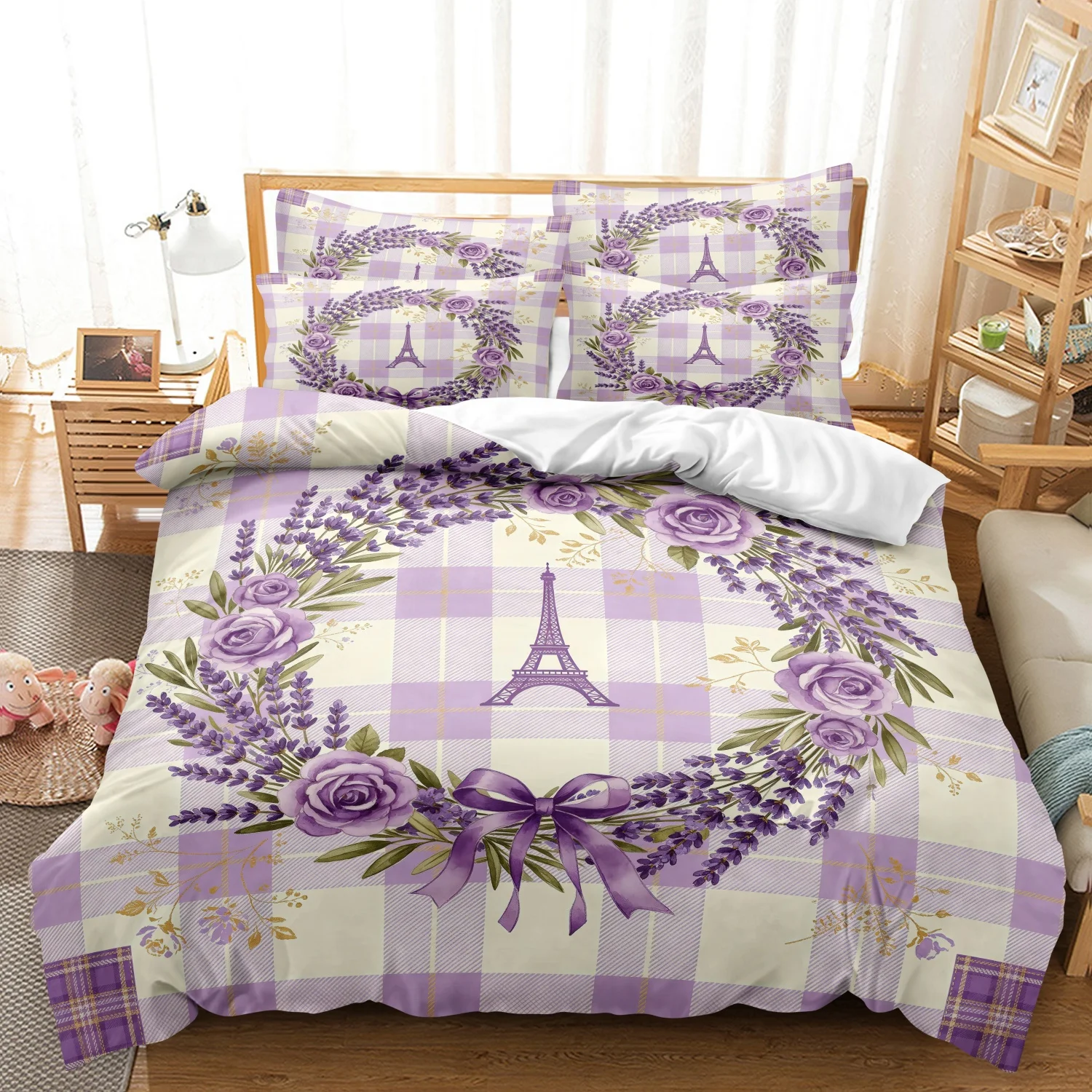3Pcs Duvet Cover Set, Light Purple Cream Gingham Plaid, Eiffel Tower Lavender and  Rose Wreath Purple Bow Print Bedding