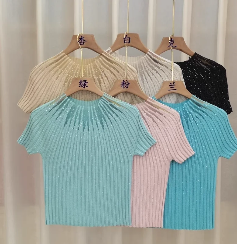 Woherb Women Diamond Solid Knitted Tees Fashion Summer Short Sleeve Casual Korean O Neck T-shirt Crop Tops 2024 Ropa Mujer