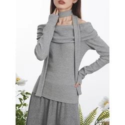 Krisnanas 2024 Women's Long Sleeves Skinny Pleated Split-Joint Striped Off-The-Shoulder Blouses&Shirts Tops Scarf Two Pieces