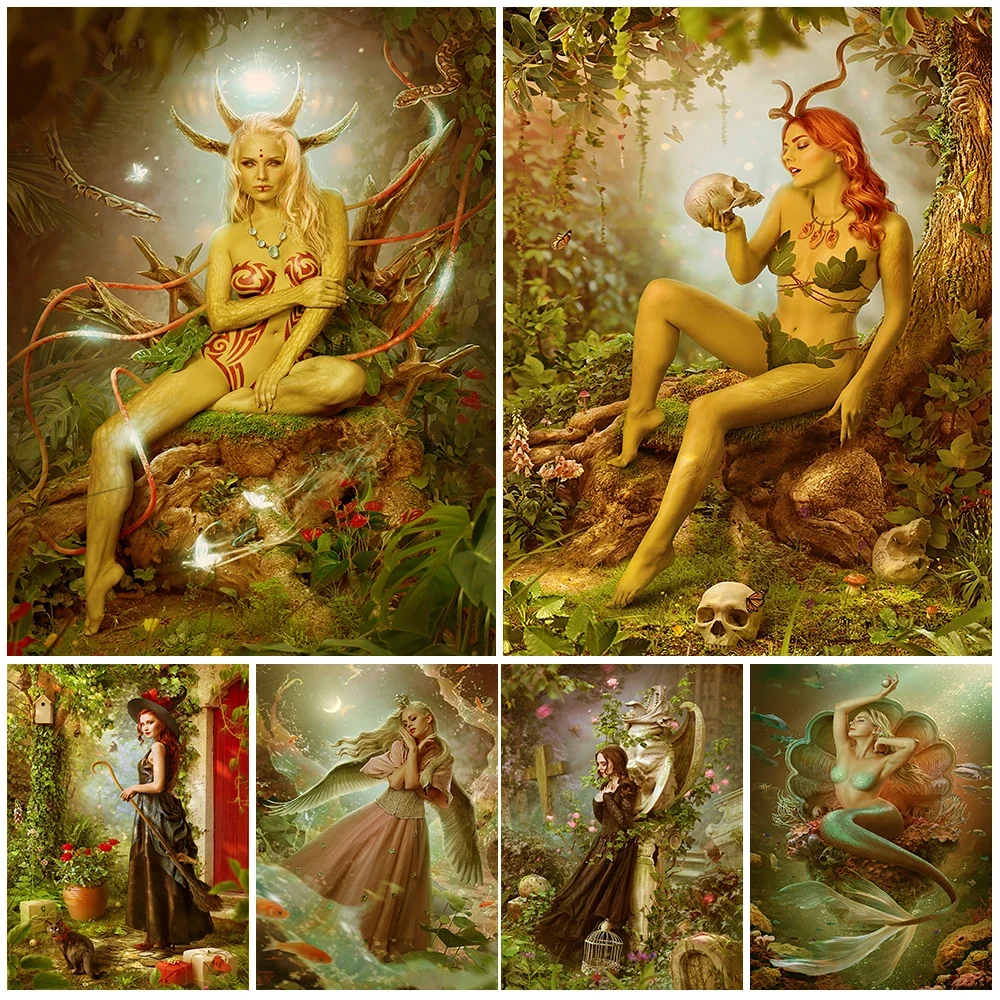 

Spirit Lady Of The Woods And Guardian Goddess Wall Art Canvas Print Forest Witch,Angel And Mermaid Poster Print Decor Unframed