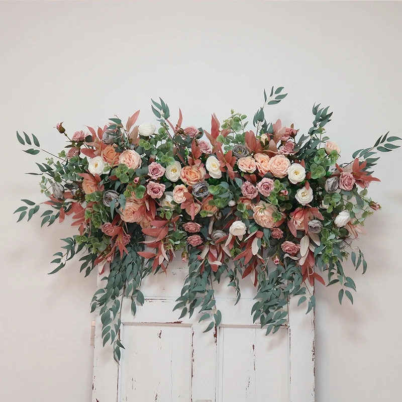 Fila de flores rosas personalizada, diseño de Sala de bodas, decoración, arco de hierro, pared de flores, estante arqueado, simulación de fila Floral, pelusa, flujo falso