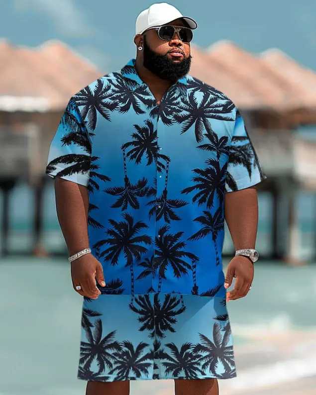 Biggmans Plus Size L-9Xl Summer Beach Men\'s Plus Size Hawaiian Coconut Tree Print Pocket Short Sleeve Shirt Shorts Set