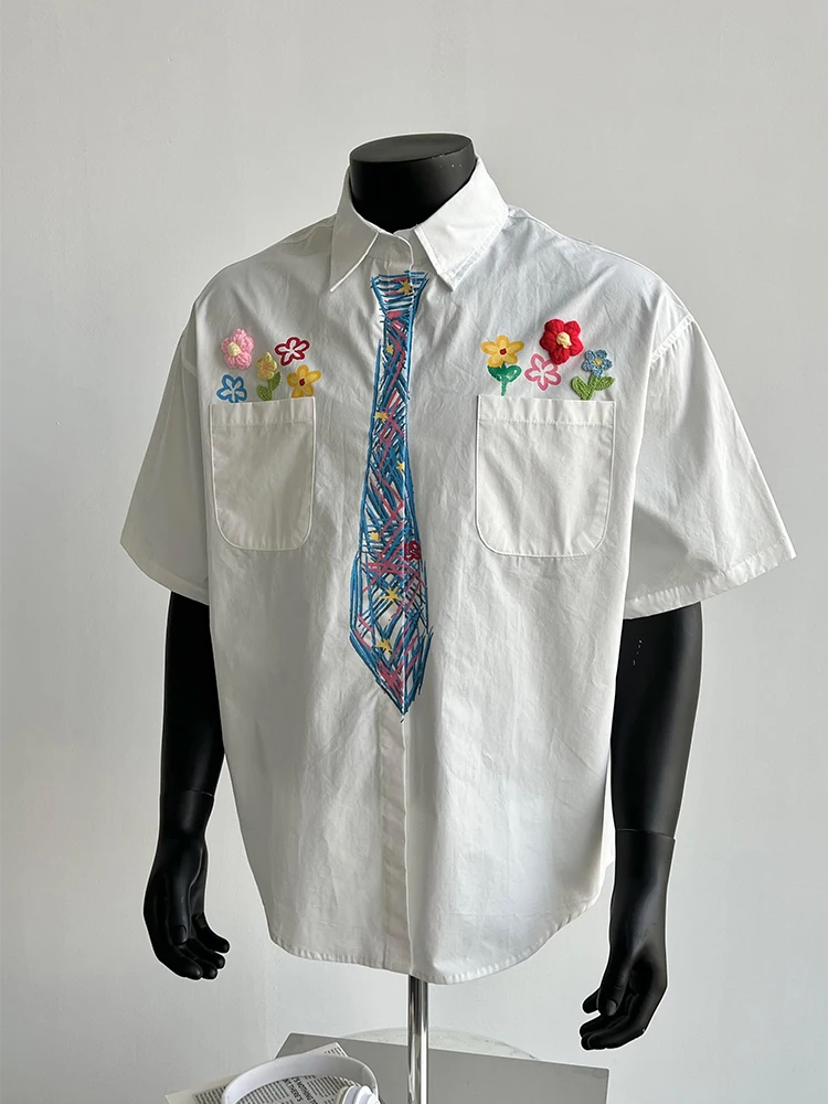 

Doodle Necktie Short Sleeve Shirt Men's Style American Trendy Doodle Shirt High-End College Feel Couple Jacket Summer Fashion