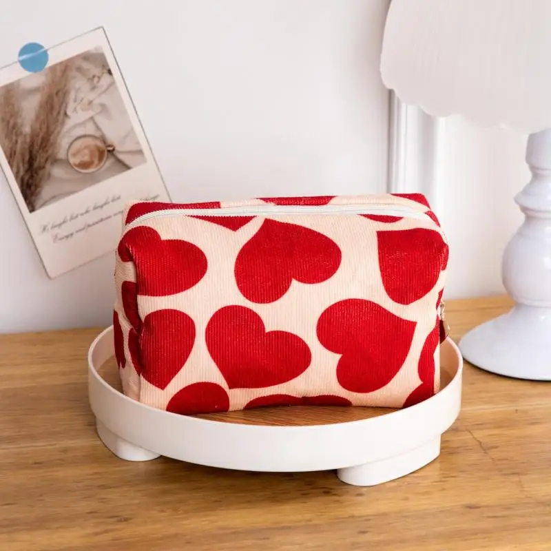 Women's Corduroy Makeup Purse for Travel; Adorable Red Heart Pattern; Also a Toiletry Storage Bag and Pencil Holder