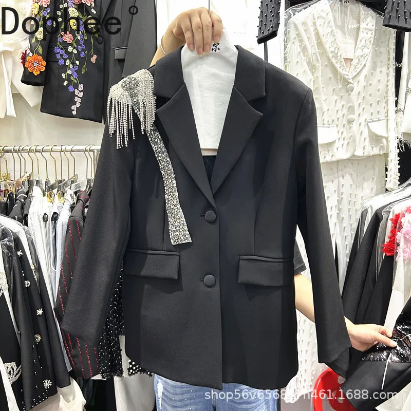 

Elegant Lady Outerwear 2025 New Autumn Rhinestone Tassel Single-breasted Suits Jacket Long Sleeve Women Black Blazers Coat
