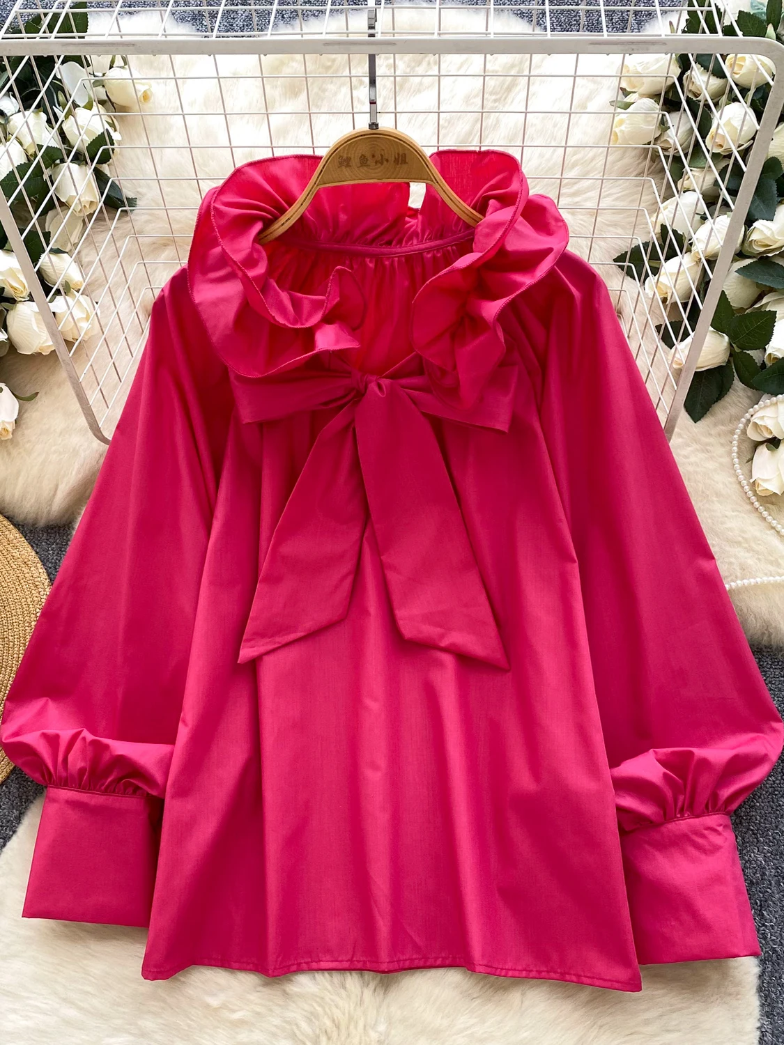 

Court Sle Stand Collar Lantern Sve irt Women's Loose Casual Versatile Top with Bow Tie Floral Design Polyester Fiber