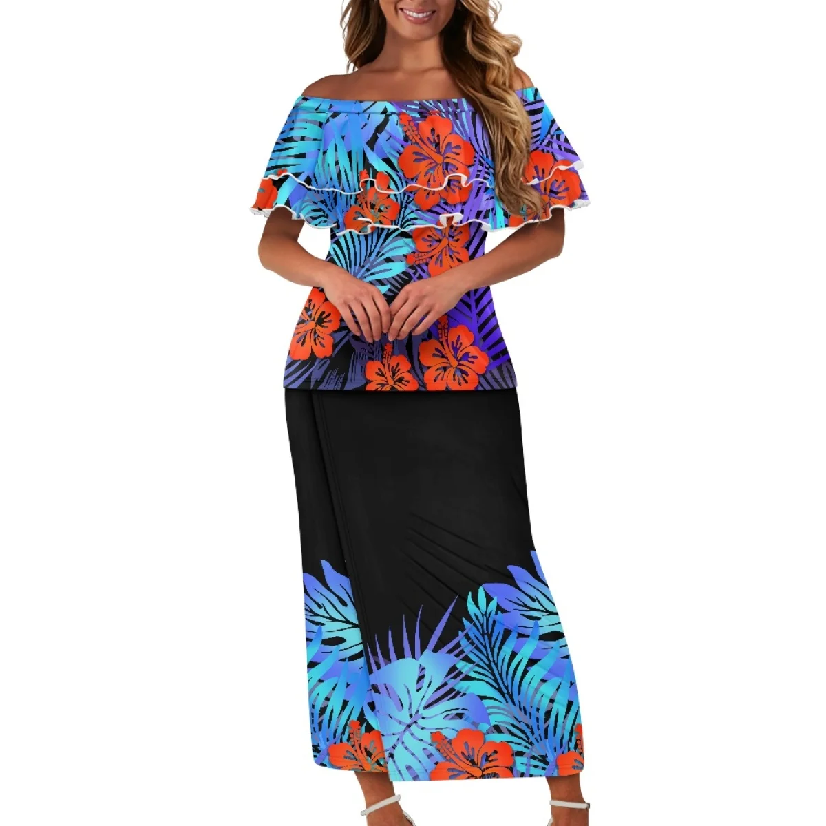 Robe à volants à épaules dénudées pour femmes, ensemble deux pièces, vêtements tribaux, imprimé tropical, été, samoa