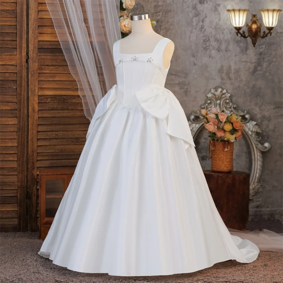 Girl White Square Neck Satin Ball Gown Sleeveless Bow Decor Puffy Princess Dress Kids Birthday Piano Recital Party Costume ASQ03
