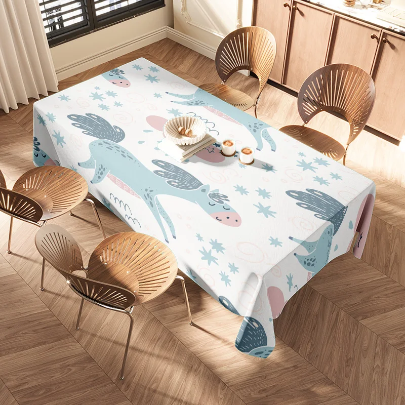 Mantel de comedor nórdico moderno, cubierta de mesa Reversible de lino y algodón con estampado de unicornio azul y rosa para