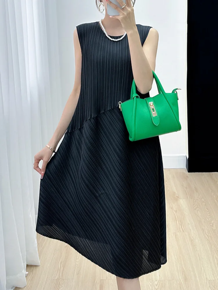 

Miyake Women Pleated Sleeveless Irregular Dress Fashion Round Neck Solid Color A-Line Dresses Party 2023 New Vest Dress Clothing