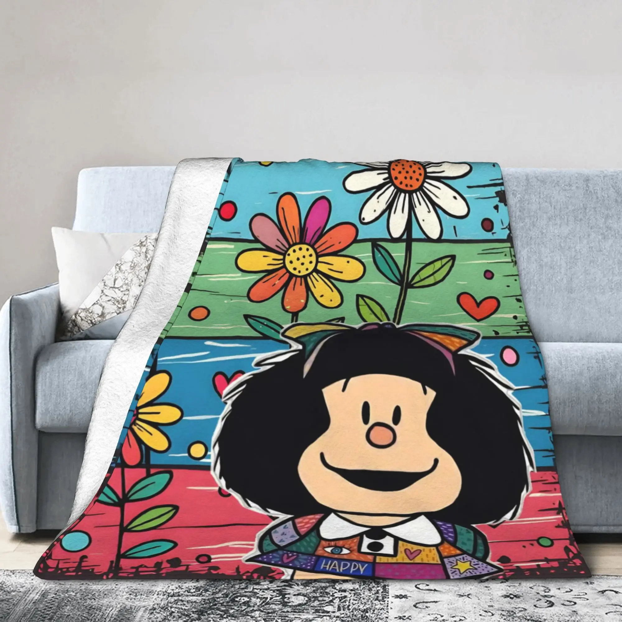Mafaldas Cartoon Flowers Blanket Velvet Spring/Autumn  Portable Lightweight Thin Throw Blanket for Sofa Travel Bedding Throws