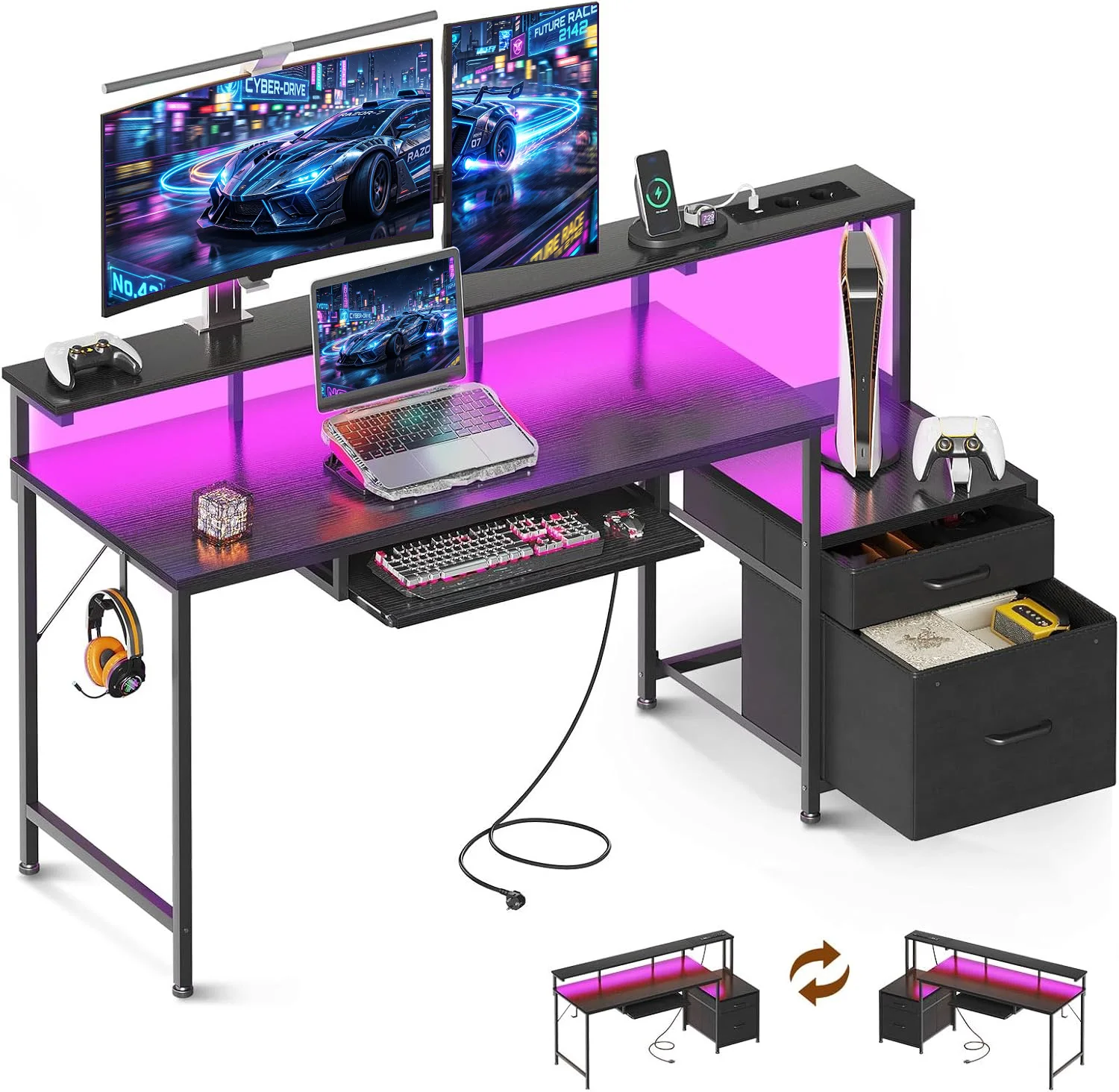 Coleshome Gaming Schreibtisch mit Steckdose und 2 Stoff Schubladen, Computertisch mit Monitorständer, Reversibel, für Home Office , 140×48 cm, Schwarz