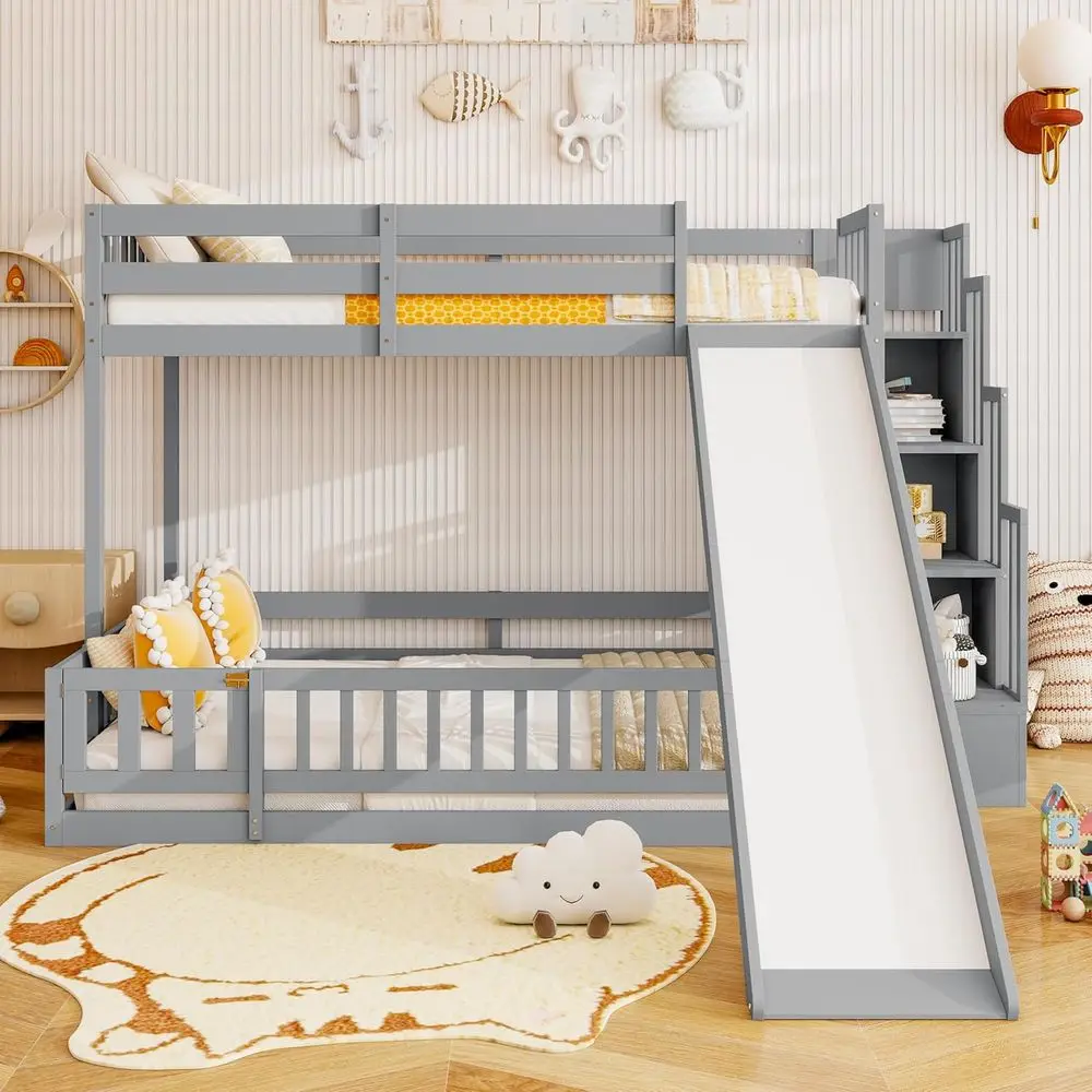 

Twin Over Full Bunk Bed with Slide, Solid Wood Staircase and Bookcase, Suitable for Kids, Teens, and Adults, Noise-Free, Easy As
