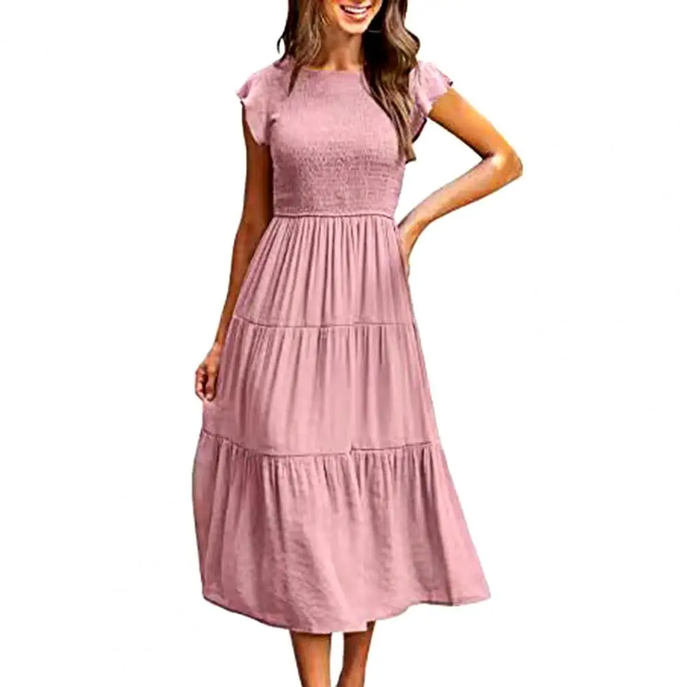 

Solid Color Dress Elegant A-line Midi Dress with Short Flying Sleeves Pleated Elastic Bust for Women Solid Color Round Neck