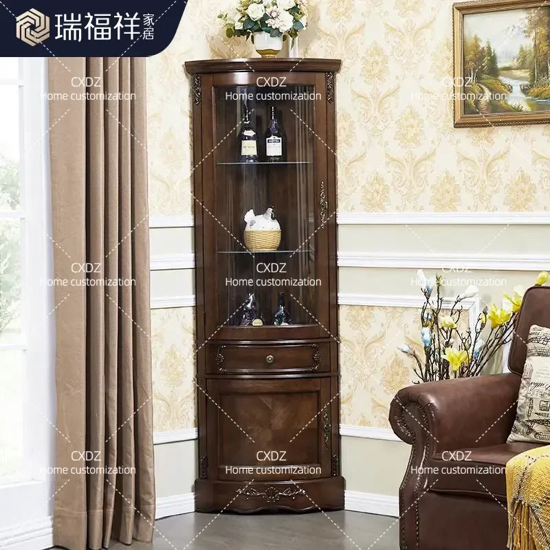 American Solid Wood Corner Cabinet Curved Triangle Wine Shelf Side Storage Unit for Restaurant Hotel Home Furniture Decor