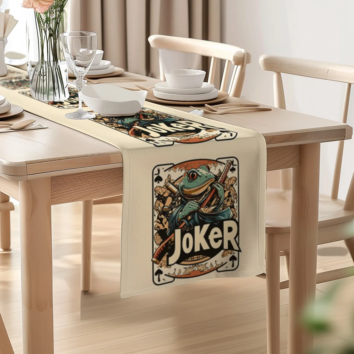 print table runner Samurai Frog Retro Style Table Flag for Kitchen, Dining Room, Outdoor Garden Parties Polyester