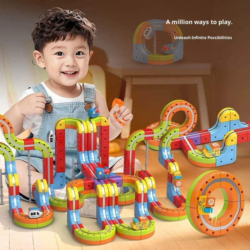 Set di confezioni regalo magnetiche elettriche fai-da-te Pista con veicoli antigravità - 100+ pezzi Giocattoli da costruzione con stelo Giocattolo ferroviario creativo per bambini