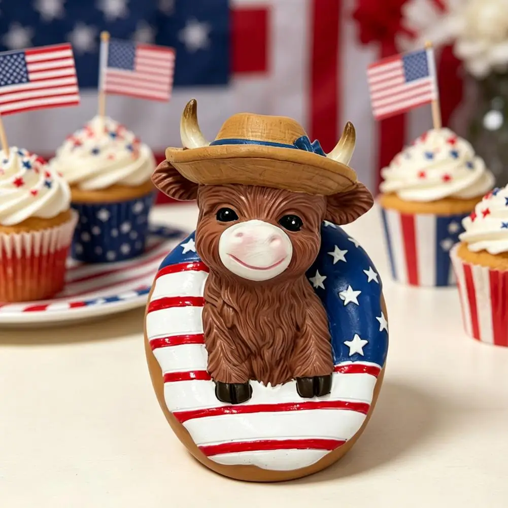 Highland Cattle Collectible Patriotic Highland Cow Figurine Resin Statue 4th of July Day Decoration White Blue Tiered Tray Table