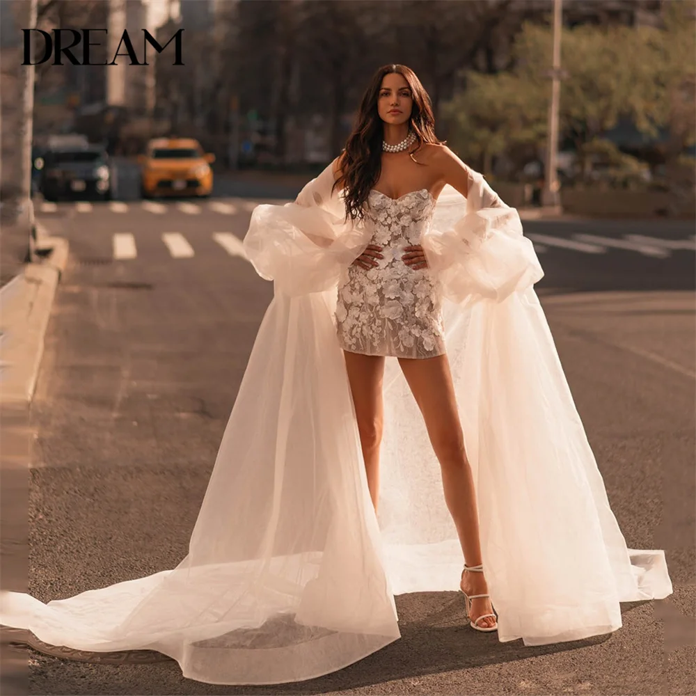 DREAM Two-Pieces Sheath Lace Short Wedding Dress V-Neck Open Back Applique Sleeveless Bridal Gown Vestido De Noiva Customized
