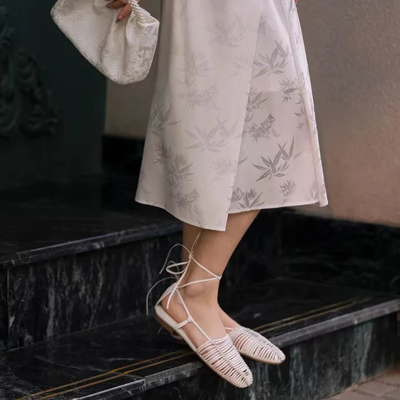 

Fashion Women's Shoes Autumn White Sheepskin Leather Ankle Strap Lace-up Roman Modern Sandals Woven Flats Sandalias Mujer Shoes