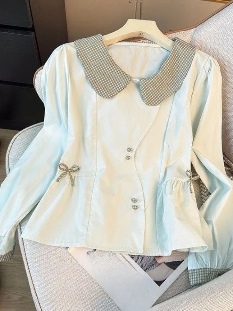 Fashion Sweet Shirts Peter Pan Collar Long Sleeve Plaid Bow Patchwork Blouses Spring Autumn Crop Tops Design Women's Clothing