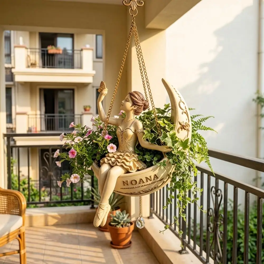 Resin Ballet Dancer Hanging Planter Whimsical Hand Carved Moon Girl Flower Pot Vintage Elegant Ballerina Figure