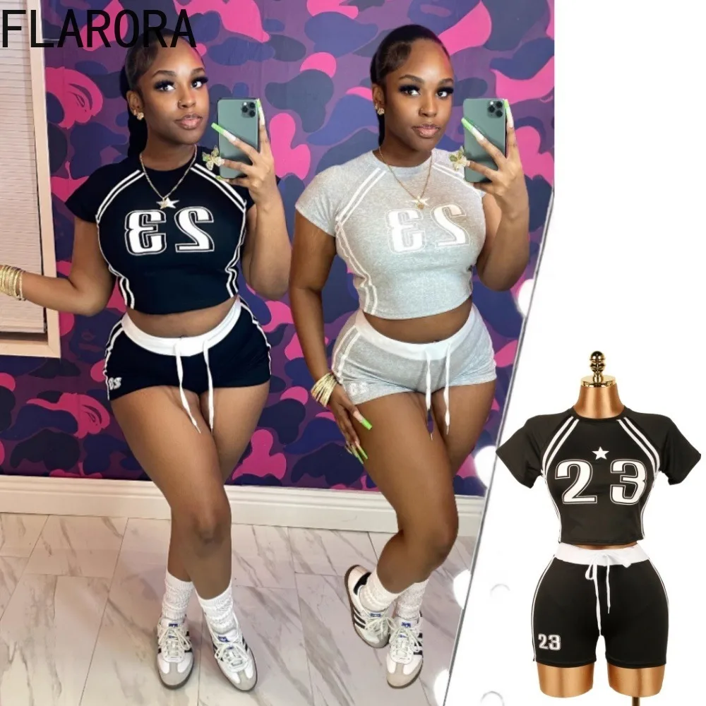 

FLARORA Trend Letter Print 2 Pcs Sets Woman Round Neck Slim Fit Crop Tops And Drawstring Shorts Outfits Summer Street Tracksuits