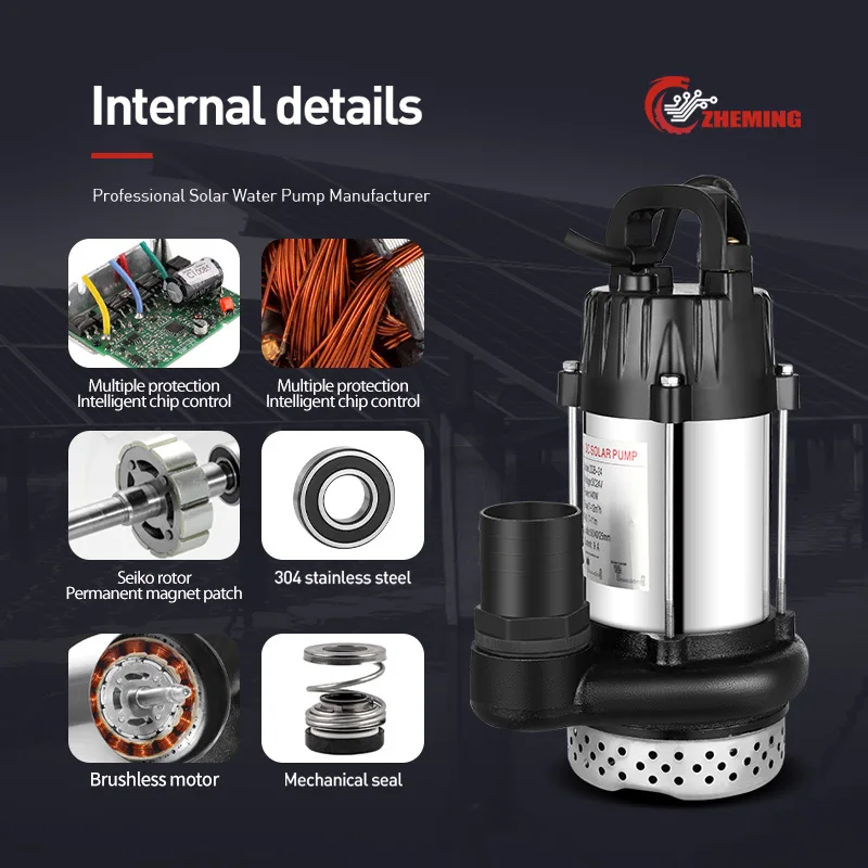 DC Solar Stainless Steel Pump 2 Inches 24V 200W High Head Large Flow Rate Brushless DC Submersible for Water Pumping Irrigation