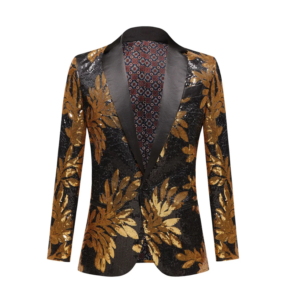 

New Sequins Blazers Jacket Photo Studio Costume Stage Men's Dress Host Master of Ceremonies Black Collar Male Suit Single Coat