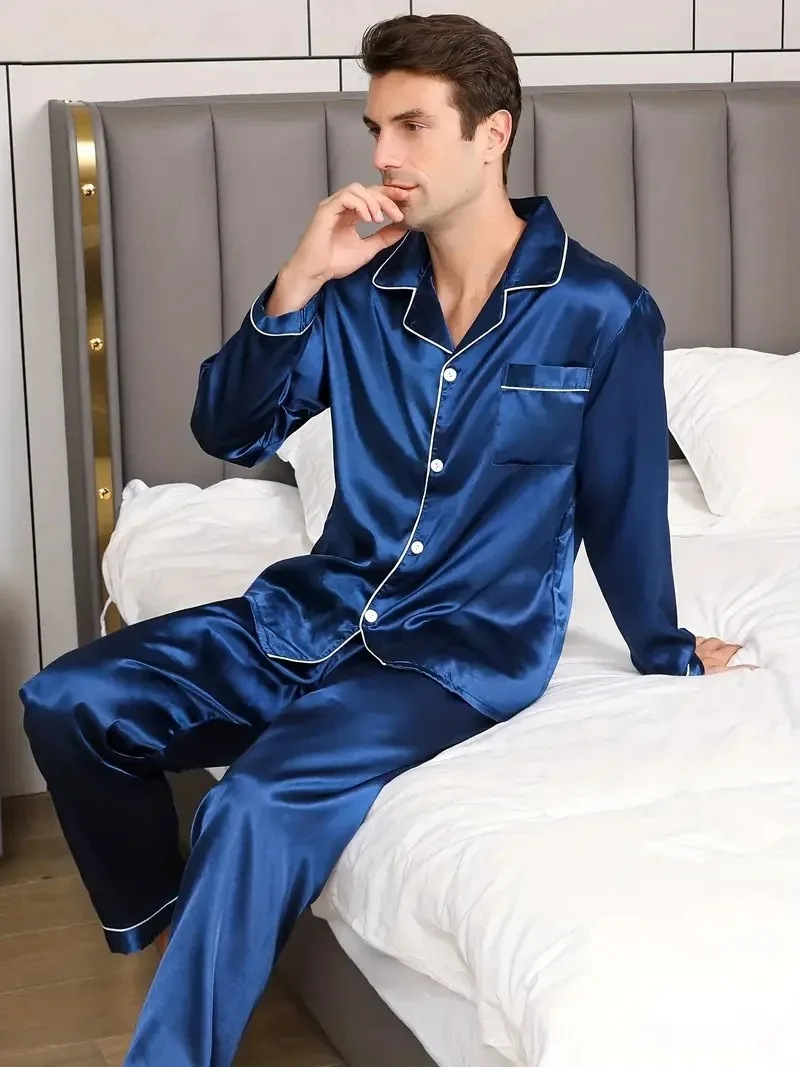 New Men Pajamas Set Silk Satin Sleepwear For Man Shirt Long Sleeve Pijama Male Fashion Soft Loungewear Big Size Spring Nightwear