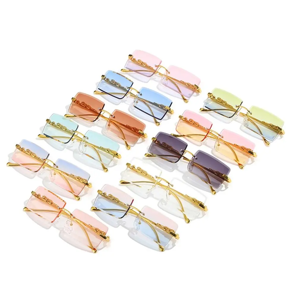 Trendy Metal Cheetah Decor Rectangle Sunglasses Rimless Colorful Y2K Shades UV400 Eyewear for Women & Men