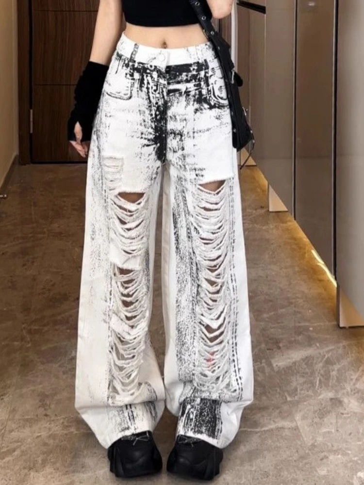 

ADAgirl Vintage Do Old Jeans Women Y2k Fashion Baggy Hole Tie Dye Straight Wide Leg Denim Pants Hip Hop Causal Ripped Trousers