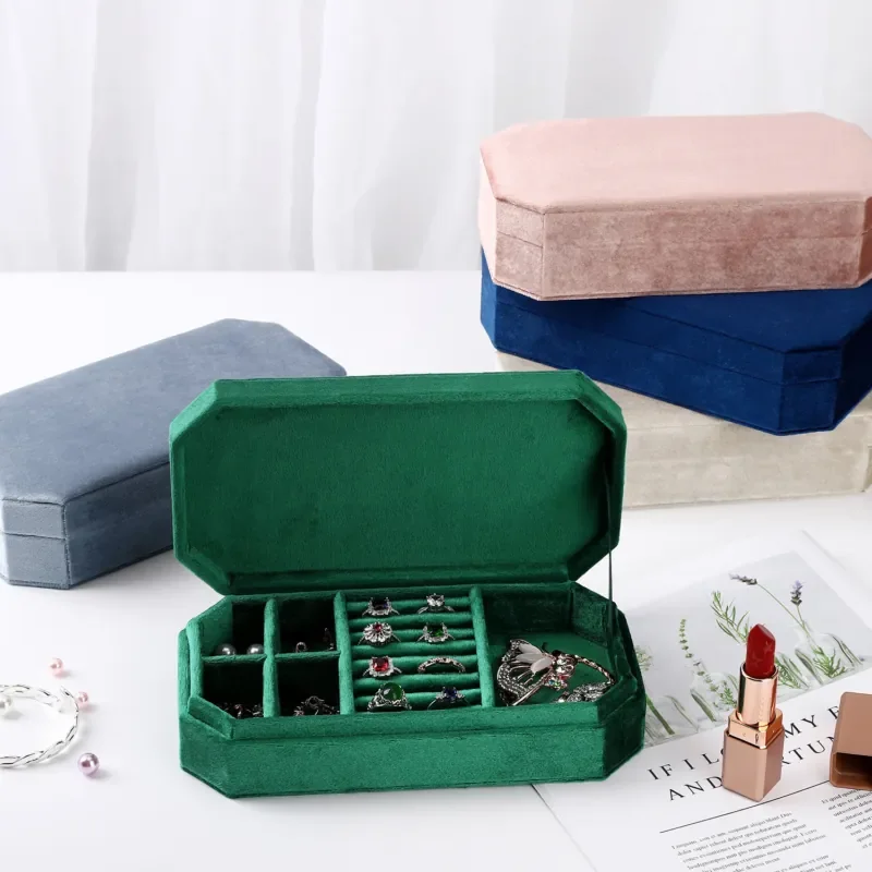 

Green/pink/blue Velvet Octagonal Jewelry Box Portable Travel Organizer with Multi Compartments for Rings Earrings Necklaces