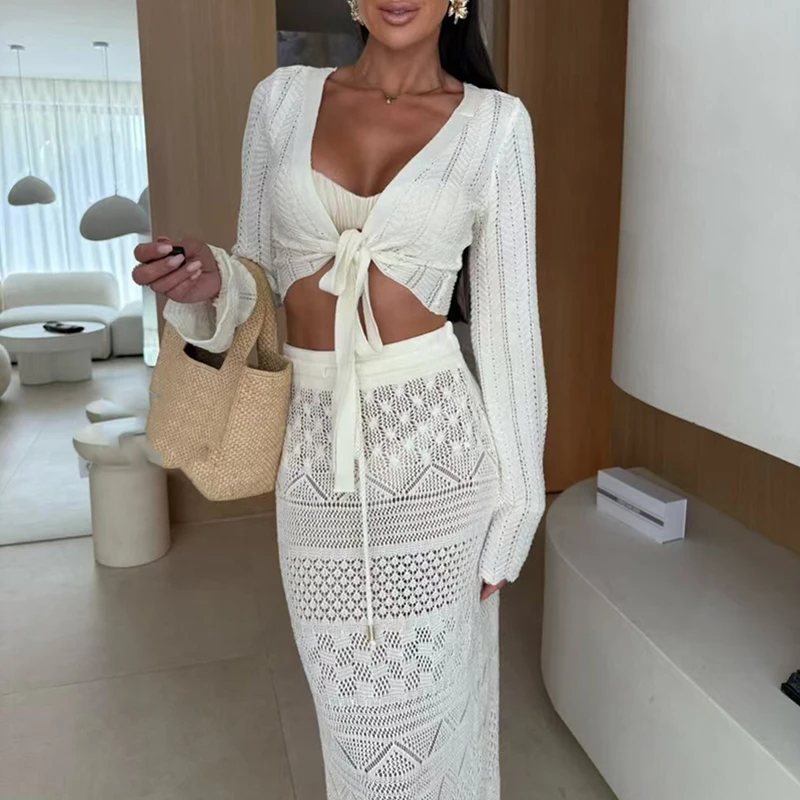 

New Long Sleeved Knitted Beach Two Piece Sets Women's V-neck Top with Long Skirt Sexy Suit White Slim Jacquard Outfit 2025 New