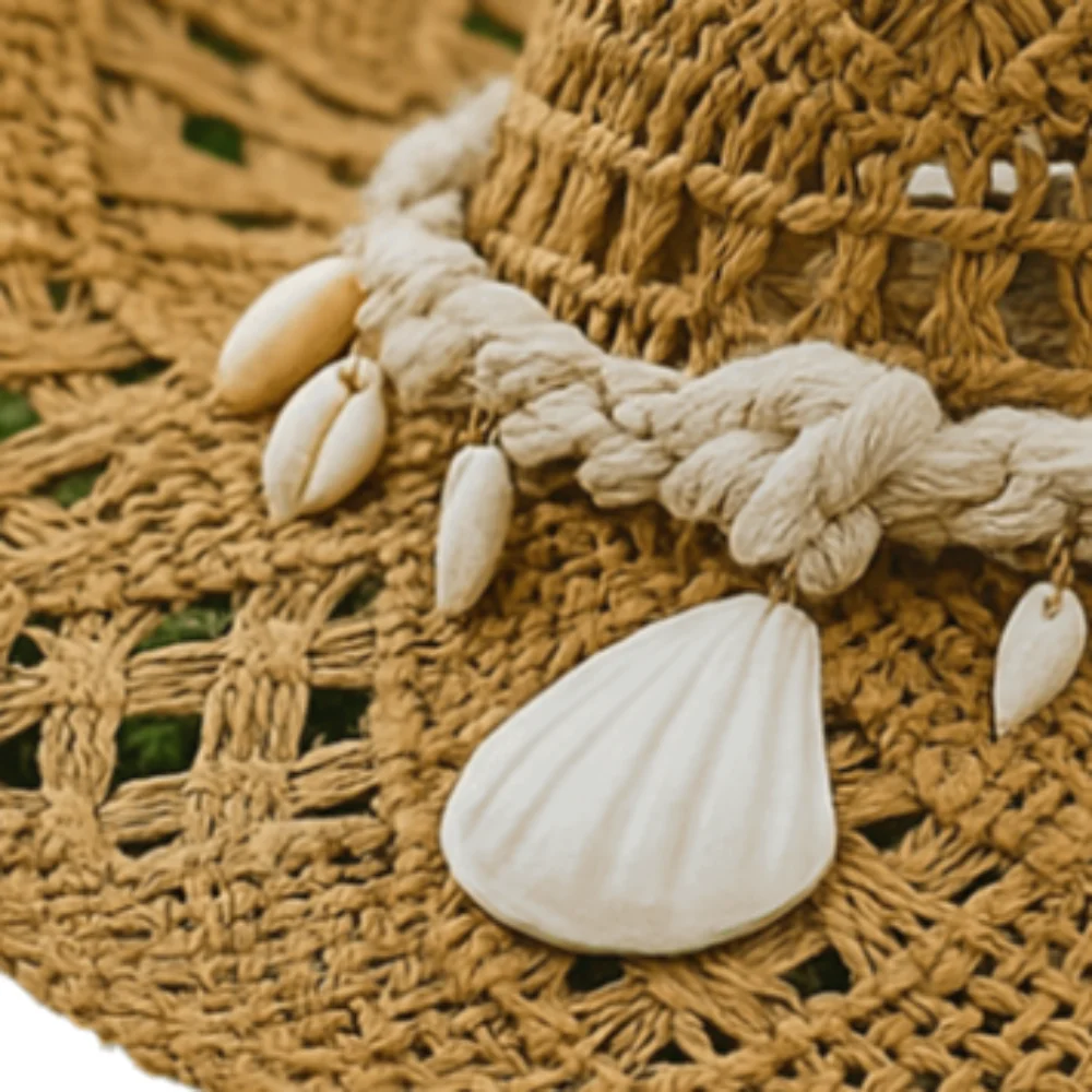 

Fashion Hollow Cowboy Straw Hat Large Brim Big Head Circumference Bohemian Hat Seashell Beach Sun Hat Summer Beach
