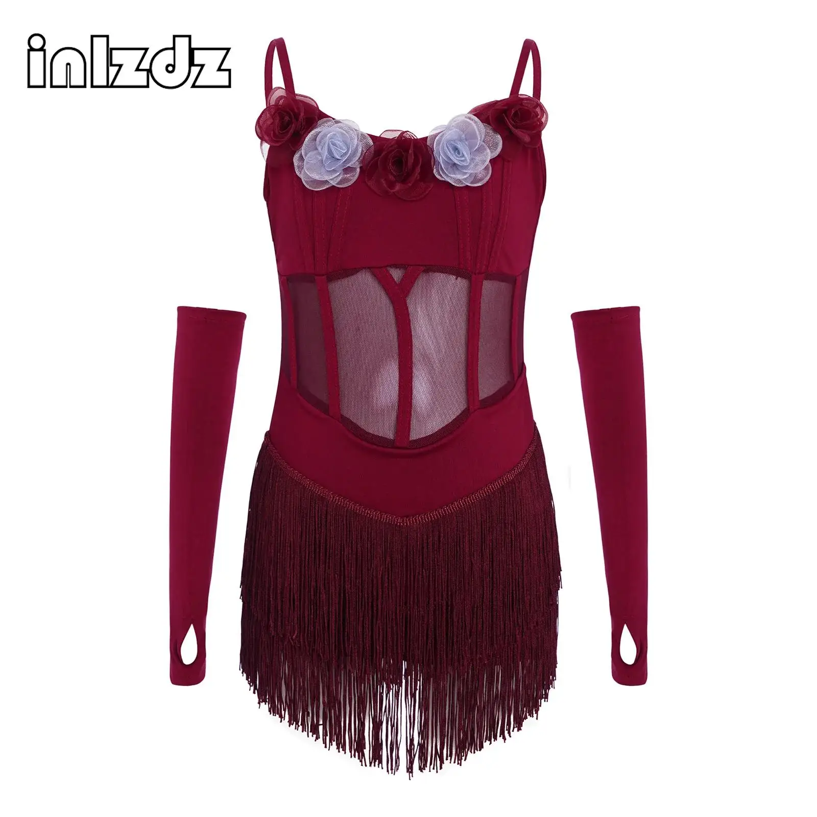 

Kids Girls Latin Samba Rumba Dance Costume Sleeveless Spaghetti Straps Mesh 3d Flowers Tassels Dress with Gloves for Stage Show