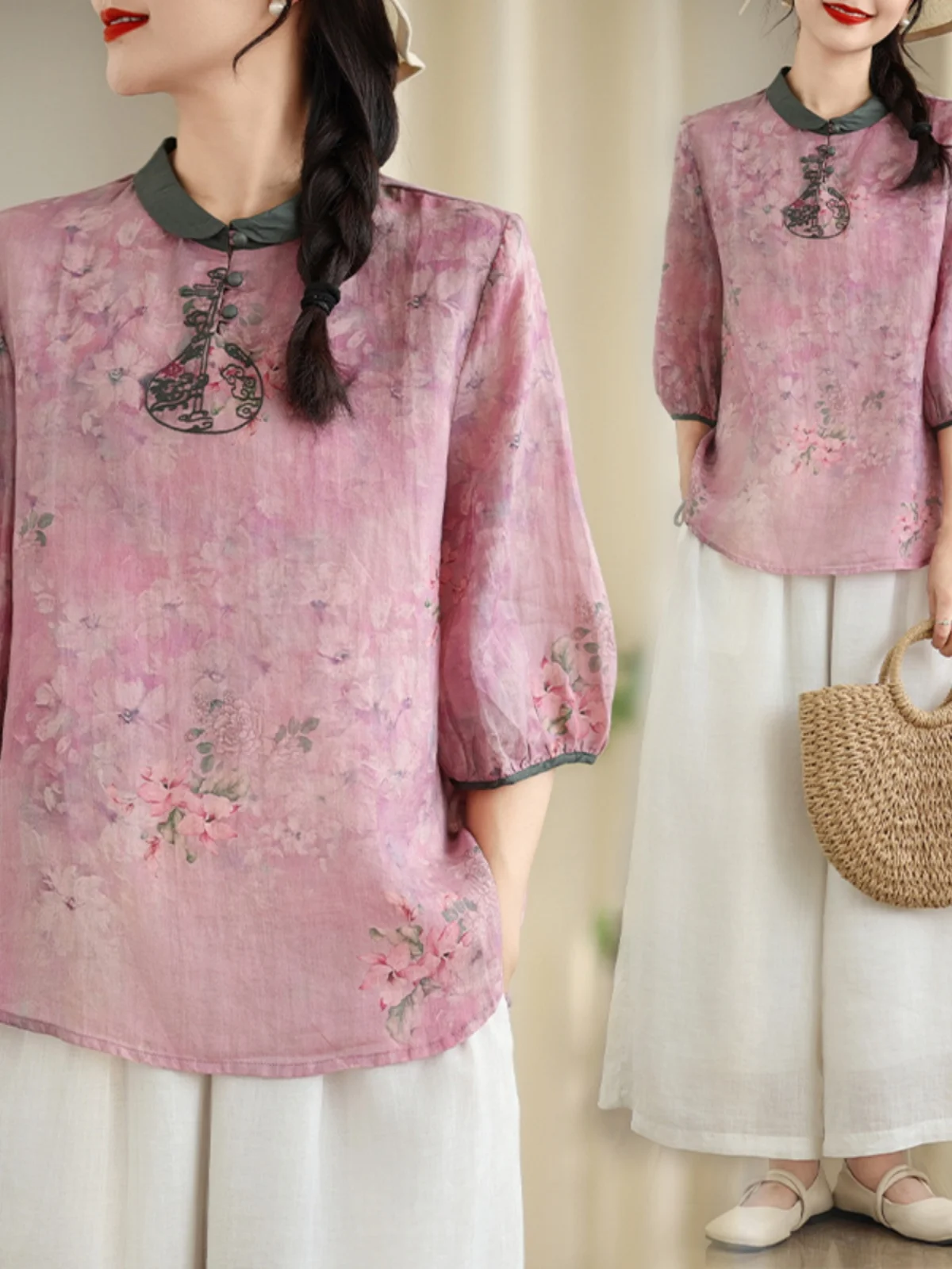 New Chinese Sle Donna Loose Fit Cotone Lino irt ort Sve Ricamato Dimagrante Top Pendolarismo Sle Summer Faion