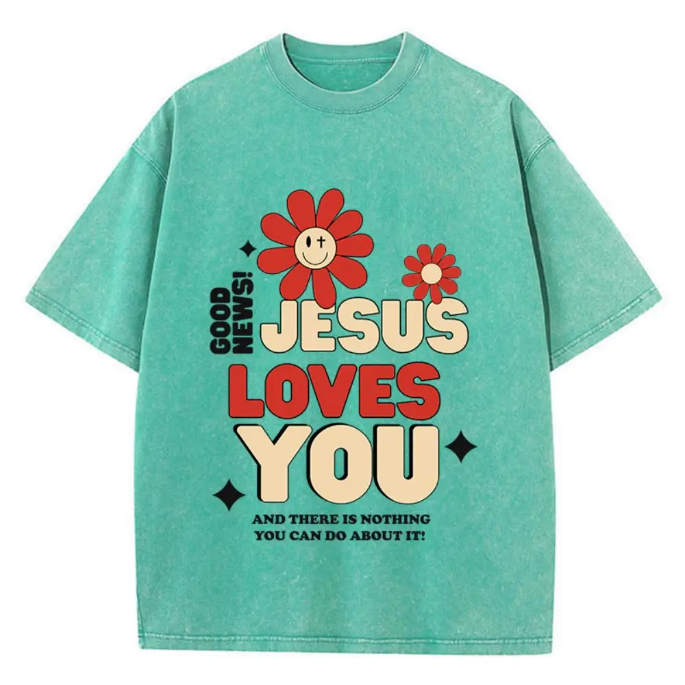 Woman Cotton Washed T-Shirts Good News Jesus Loves You Letter Graphic Print Short Sleeve Loose O-Neck Tops Summer Female Clothes