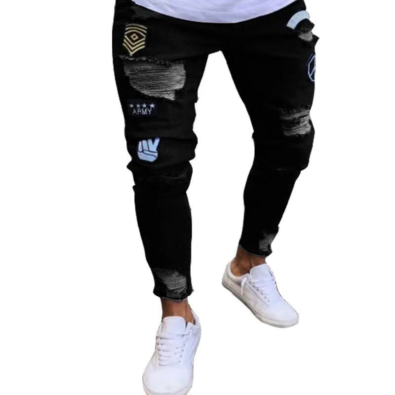 EH·MD® Four Seasons Sports Trousers Men Large Size Skull Print Splice Slim Feet European and American Jeans Men\'s Hole Zipper