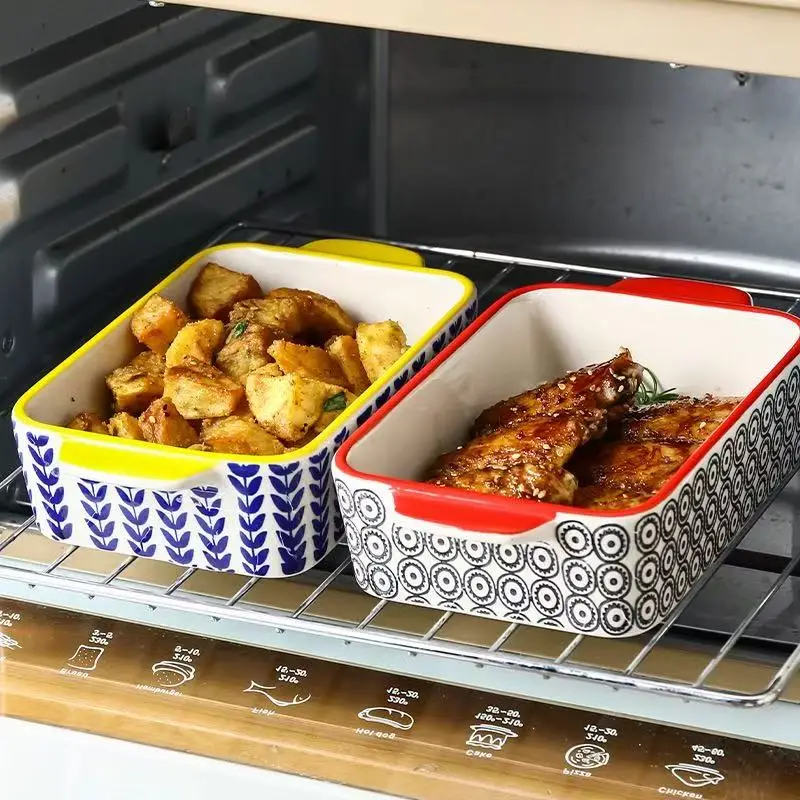 Vintage printed ceramic baking tray, double-sided rectangular baking bowl, oven specific baking bowl, cheese baking dish
