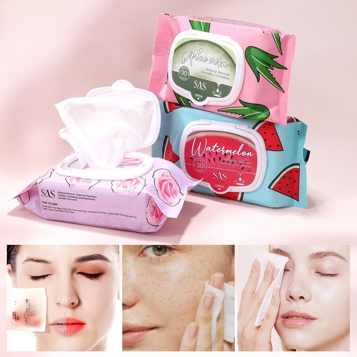Ultra-Soft Fruit Fragrance Makeup Remover Wet Wipes - Watermelon, Aloe Vera, Rose, Grapefruit Fragrance, 30 Sheets Pack