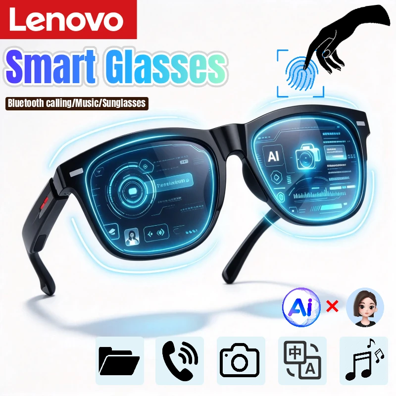Lenovo New Camera Control Smart Glasses Voice Assistant Music Bluetooth Call Sunglasses Wireless Audio Glasses For Men Women