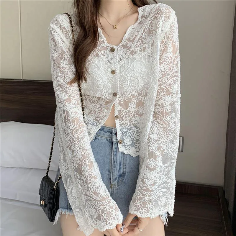 Xpqbb Retro Hook Flower Hollow Out Women Blouse Elegant Lace Long Sleeve V-neck Shirts Woman Button Up Thin Sun Protection Tops