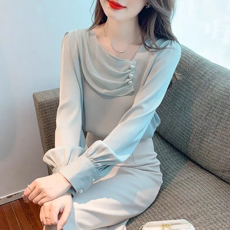 Diagonal Collar Button Blue Chiffon Shirt Spring Summer Fashion Blouse 2023 Korean Style Elegant Long Sleeve Shirt for Female