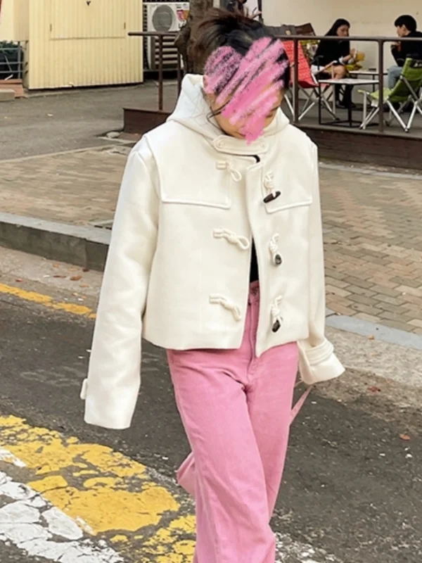 Retro Chic Woolen Coat with Hat Loose Fit Short Outerwear for Women Fashionable Button Detail High Waist Straight Cut Style