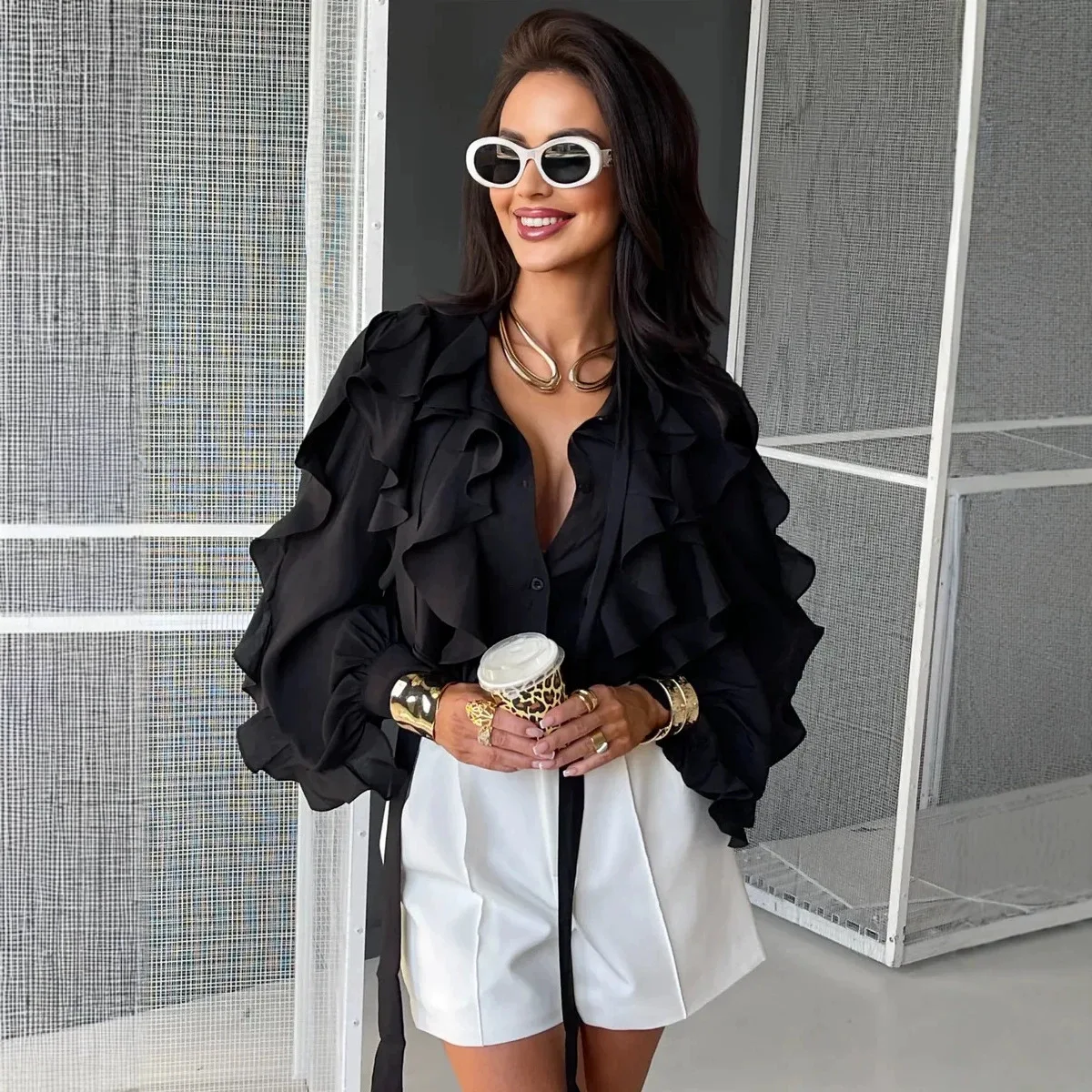 Elegant Ruffled Shirt With Flowing Sleeves, Lantern-style Long Sleeves, Loose Fit, And A Stiglich Necklace Clothes Maxi Party - view 3