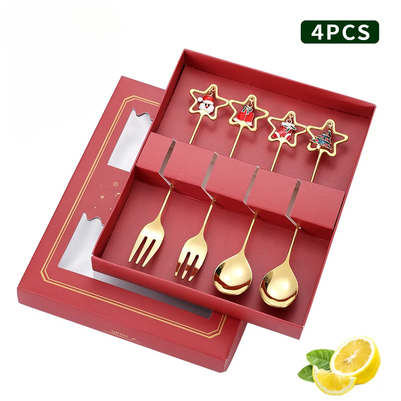 Stainless Steel Spoon and Fork Tableware Set, Coffee Dessert Spoon and Fork, Creative Holiday Gift Box, 304, 4 Pcs